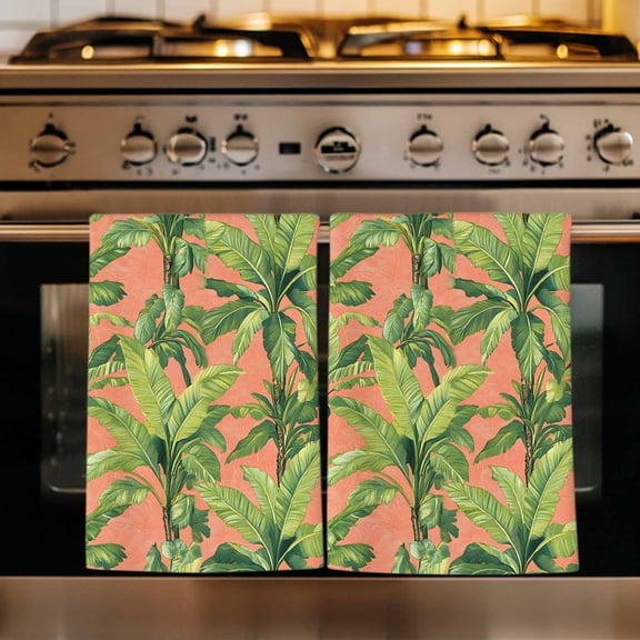 Palm Tree Tropical Kitchen Towels Set of 2, Pink Summer Green Botanical Absorbent Dish Towels for Kitchen, Microfiber Hand Towel, Quick Drying Tea Towel for Cleaning Decorative Dishcloths