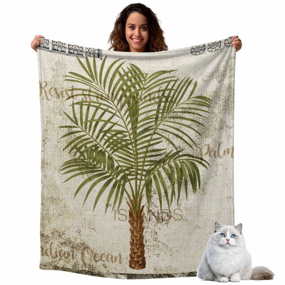 Palm Tree Tropical Plant Stone Flower Throw Blanket Flannel Fleece Throws, Vintage Burlap Cotton Lightweight Super Soft Warm Blankets for Couch Sofa Bed All Season Use, 40x50 in