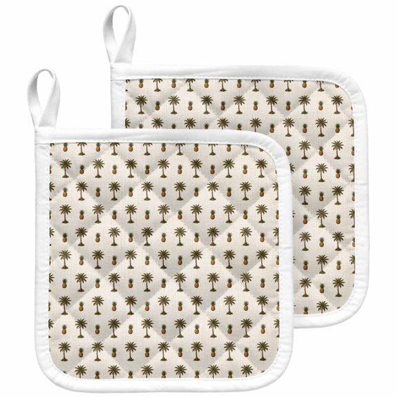 Palm Tree Tropical Pot Holders for Kitchen Heatproof Potholder, 2 Pack Pineapple Beige Summer Beach Hot Pads Multipurpose Oven Pads Terry Cloth Potholders Trivet for Cooking and Baking