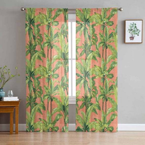 Palm Tree Tropical Sheer Curtains 108 Inch Length 2 Panels Set for Living Room/Bedroom, Pink Summer Green Botanical Semi Curtain Sheers Drapes Rod Pocket Curtains Window Treatment Set 52''x108''x2