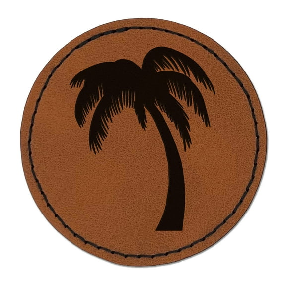 Palm Tree Tropical Solid 2.5" Faux Leather Round Engraved Iron-On Patch - Brown