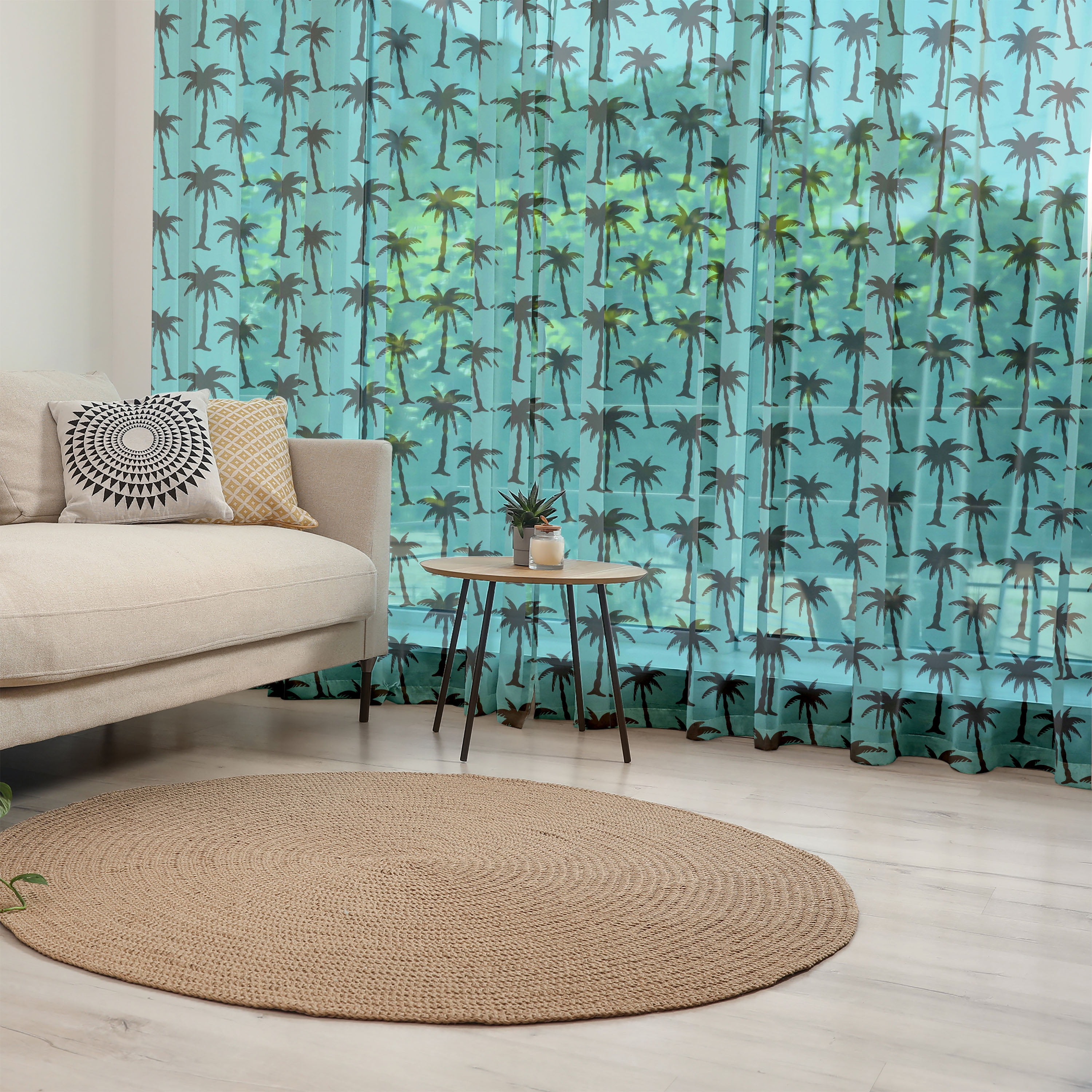 Palm Tree Tulle Curtains with Rod Pocket, Black Silhouettes of Coconut ...