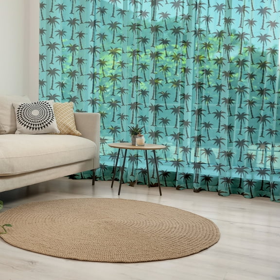 Palm Tree Tulle Curtains with Rod Pocket, Black Silhouettes of Coconut Trees in Cartoon Style on Turquoise Backdrop, Sheer Drape for Wedding Party 2 Panels, 7 Sizes, Turquoise Black, by Ambesonne