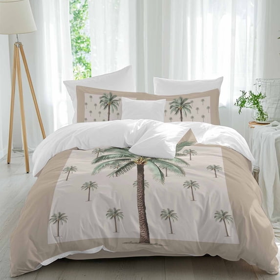 Palm Tree Twin Size Comforter Set, Green Tropical Plants Ocean Brown Bottom Bedding for All Seasons, 4 Pcs Bed Set, 1 Quiltcover (68"x86") ,1Sheet(67"x116"), 2Pillowcases (30"x20")