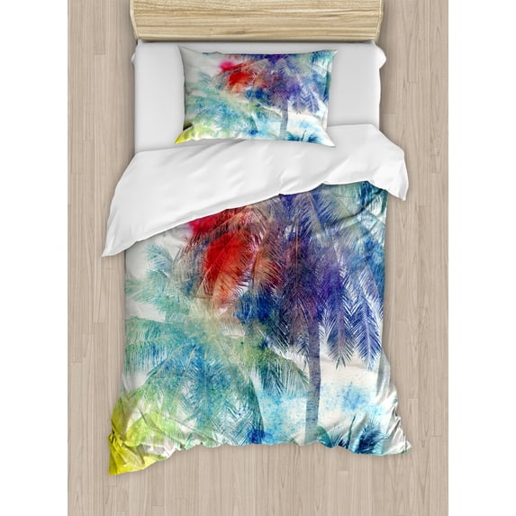 Palm Tree Twin Size Duvet Cover Set, Retro Watercolor Silhouettes of Palm Trees Stains on Tropical Paradise Theme, Decorative 2 Piece Bedding Set with 1 Pillow Sham, Multicolor, by Ambesonne