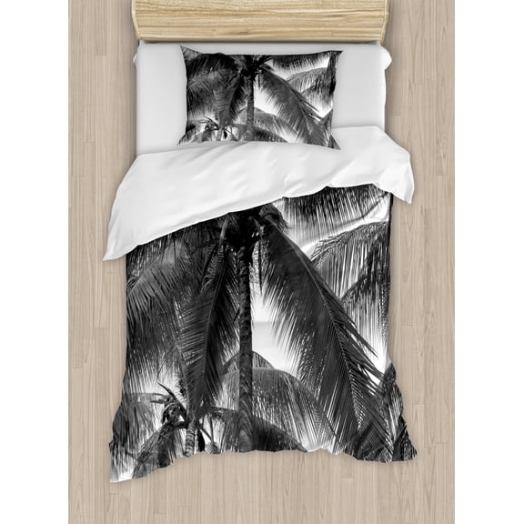 Palm Tree Twin Size Duvet Cover Set, Palm Tree Silhouette Exotic Plant on Dark Theme Foliages Relaxing in Nature Image, Decorative 2 Piece Bedding Set with 1 Pillow Sham, Black, by Ambesonne