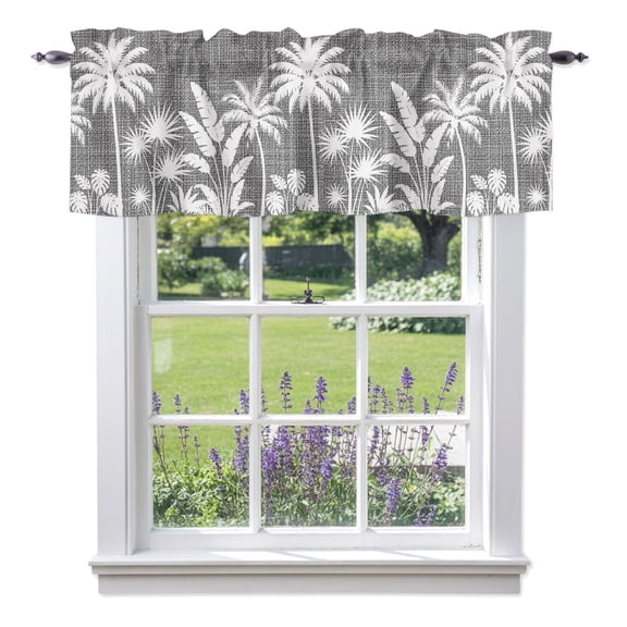 Palm Tree Valance Curtain 1 Panel, Coastal Tropical Monstera Leaf Charcoal Gray Linen Texture Kitchen Valance with Rod Pocket Window Treatment Short Curtains for Bathroom Bedroom, 60 x 18 Inches