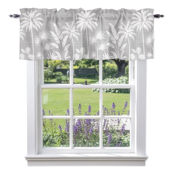 Palm Tree Valance Curtain 1 Panel, Coastal Tropical Monstera Leaf Fog Gray Linen Texture Kitchen Valance with Rod Pocket Window Treatment Short Curtains for Bathroom Bedroom, 54 x 18 Inches
