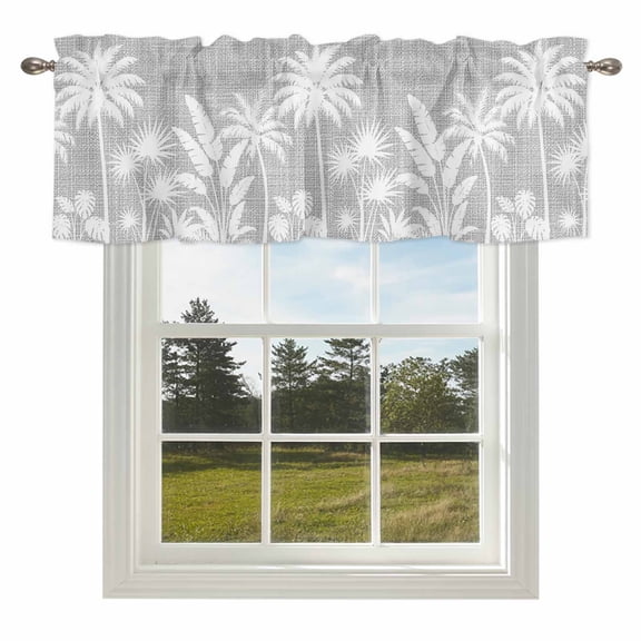 Palm Tree Valances for Windows Coastal Tropical Monstera Leaf Fog Gray Linen Texture Valance Curtains Rod Pocket Bathroom Small Window Treatments for Kitchen Living Room Bedroom, 42"x18"