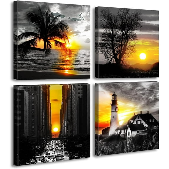Palm Tree Wall Art Black and White Sunset Tropical Seascape Ocean Canvas Print Landscape Painting Wall Decor for Bedroom Living Room Office Decoration 12" W x 12" H 4 Pieces