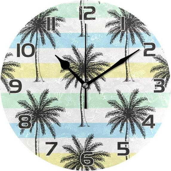 Palm Tree Wall Clock Round Vintage Silent Non Ticking Battery Operated Accurate Arabic Numerals Design for Home Kitchen Living Room Bedroom Inch
