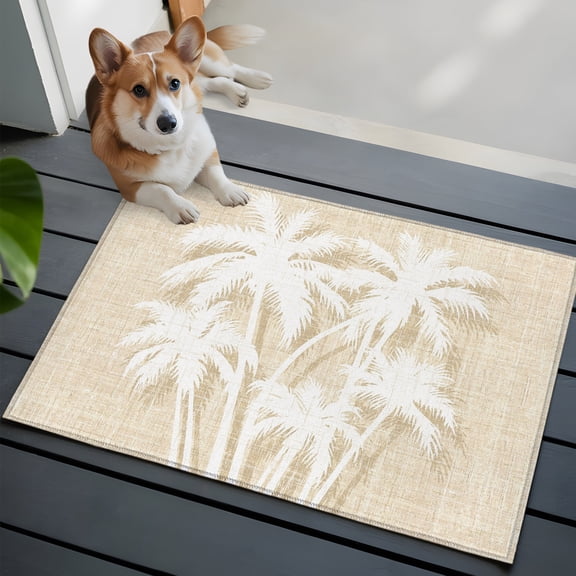 Palm Tree Washable Entry Rug 2x3 Tropical Plant Coastal Summer Beige Low Pile Indoor Door Mat with Rubber Backing Thin Area Rug for for Entrance, Bedroom, Kitchen, Laundry, Bathroom