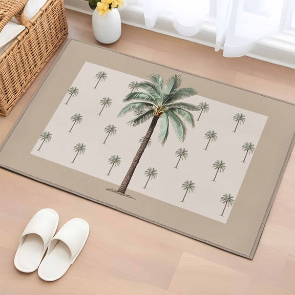 Palm Tree Washable Small Entryway Area Rugs 2'x3', Green Tropical Plants Ocean Brown Bottom Low Pile Throw Rug Non-Slip Sturdy Edge Binding Carpet for Front Door Floor Room Entry