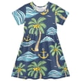 thumbnail image 1 of Palm Tree Wave Pattern Girls Short Sleeve Dress A Line Sun Protection Breathable Comfort Sundress 3T, 1 of 8