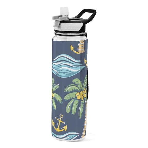 Palm Tree Wave Pattern Sport Water Bottle Tritan with Straw 1000ml Portable for Outdoor Daily Use