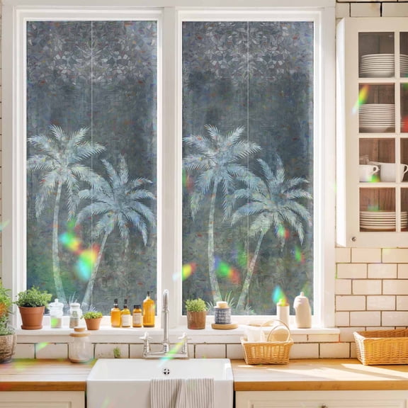 Palm Tree Window Privacy Film Coastal Minimalist Silhouette Gray Cement Texture Static Cling Stained Glass Window Film Non-Adhesive Decorative Decals Rainbow Sticker 17.7"X39.3"