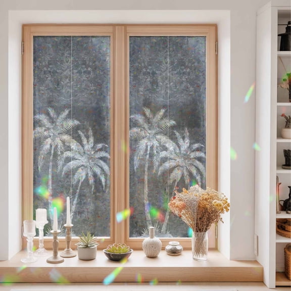 Palm Tree Window Privacy Film Coastal Minimalist Silhouette Gray Cement Texture Static Cling Stained Glass Window Film Non-Adhesive Decorative Decals Rainbow Sticker 23.6"X59"