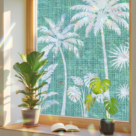 Palm Tree Window Privacy Film, Coastal Tropical Monstera Leaf Teal Green Linen Texture Static Cling Stained Glass Window Sticker Decorative Removable Rainbow Film for Glass 19.6”x39.3”