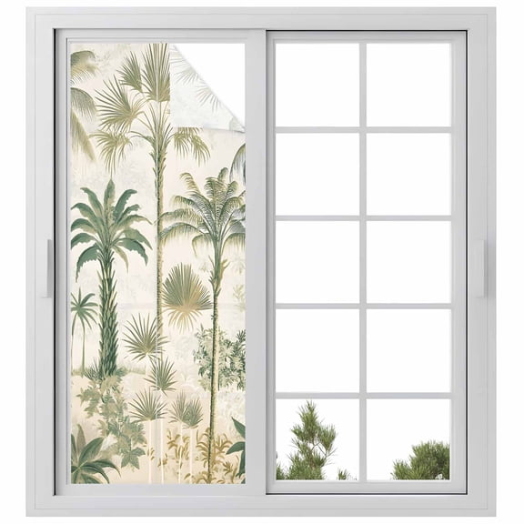 Palm Tree Window Privacy Film, Sage Green Tropical Nature Plant Watercolor Static Cling UV Sun Blocking Heat Control Window Tint Day and Night, Non-Adhesive One Way Windows Privacy Cover 23.6''x59''