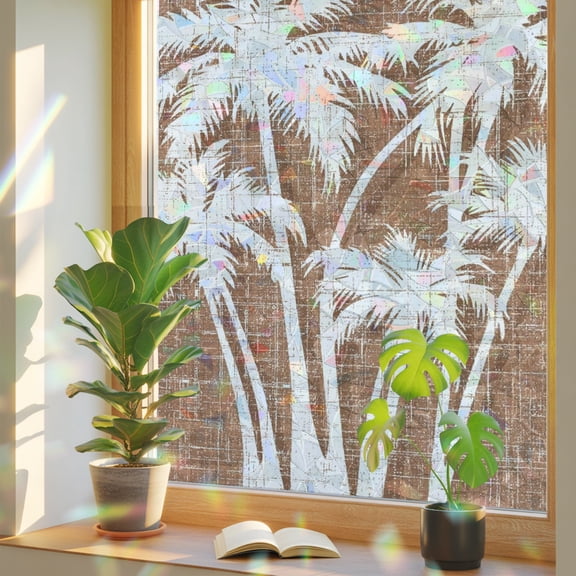 Palm Tree Window Privacy Film, Tropical Plant Coastal Summer Brown Stained Glass Rainbow Film Decorative Window Clings, Static Cling Sun Blocking Stickers 29.5" x 118"