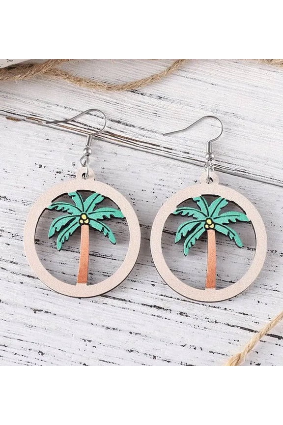 Palm Tree Wooden Dangle Hoop Earrings