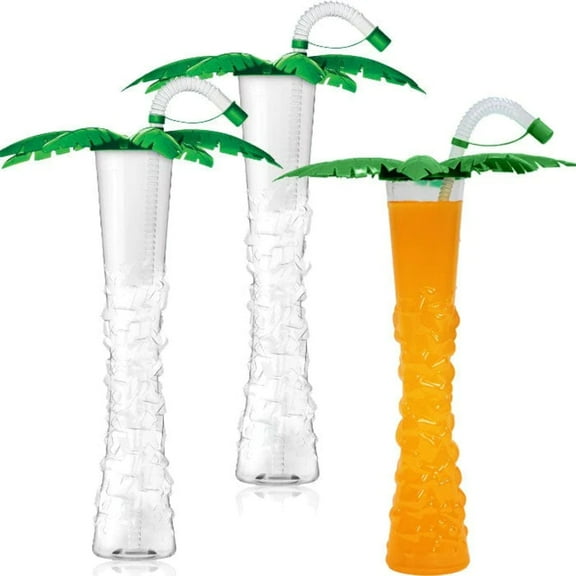 Palm Tree Yard Cup - 17 oz. (Box of 54 Cups) - clear cup with Green Palm Lids and Straws