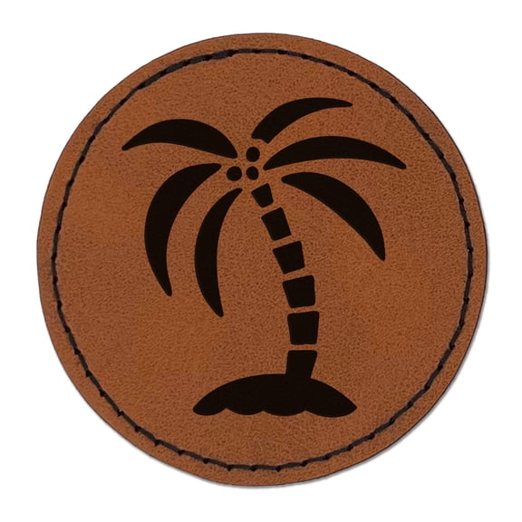 Palm Tree on Tropical Island 2.5" Faux Leather Round Engraved Iron-On Patch - Brown