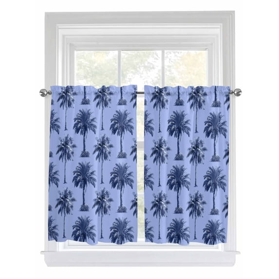 Palm Trees 2 Panel Kitchen Curtains for Windows, Summer Vintage Tropical Trees Botanical Blue Bathroom Privacy Curtain, Home Décor Window Treatment for Bedroom/Living Room 55"x45"
