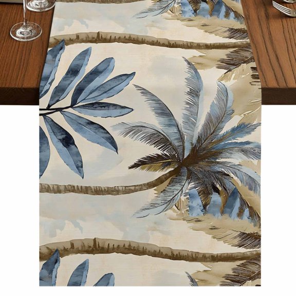 Palm Trees 48 Inch Table Runner, Blue Brown Vintage Watercolor Tropical Farmhouse Dresser Scarf Cotton & Linen Tablerunner for Dining/Kitchen Island/Holiday Party Décor 13" x 48"