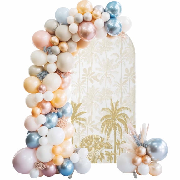 Palm Trees Arch Backdrop Cover 6.6x3.3 Ft, Spandex Wedding Arch Stand Cover, Yellow Tropical Plants Summer Forest Scenery Round Top Stretch Fitted Background Covers for Birthday Ceremony Party Decor