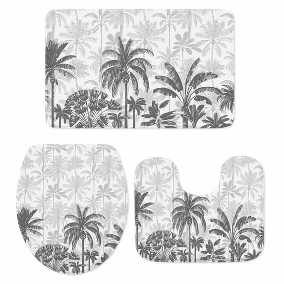 Palm Trees Bath Mat 3 Piece Bathroom Rug Set, Black Grey Tropical Plants Summer Forest Non Slip Bath Rug Contour Mat and Toilet Lid Cover, Absorbent Shower Mats Soft Bath Rugs and Mats Sets