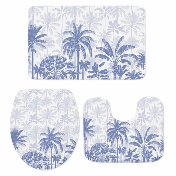 Palm Trees Bath Mat 3 Piece Bathroom Rug Set, Blue Tropical Plants Summer Forest Scenery Non Slip Bath Rug Contour Mat and Toilet Lid Cover, Absorbent Shower Mats Soft Bath Rugs and Mats Sets