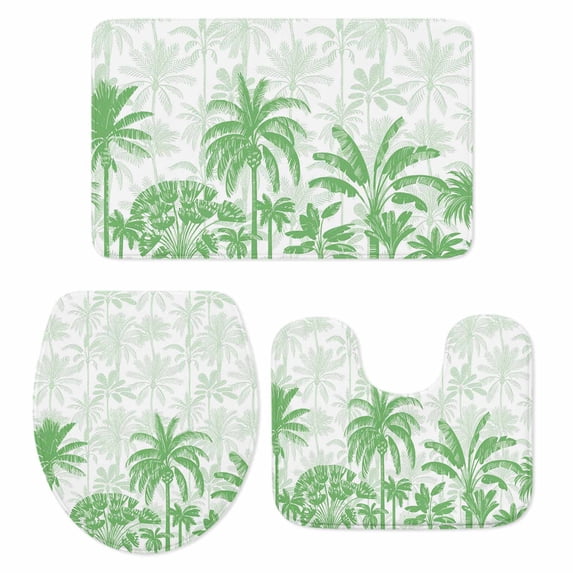 Palm Trees Bath Mat 3 Piece Bathroom Rug Set, Green Tropical Plants Summer Forest Scenery Non Slip Bath Rug Contour Mat and Toilet Lid Cover, Absorbent Shower Mats Soft Bath Rugs and Mats Sets