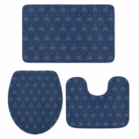 Palm Trees Bathroom Rugs Set Retro Luxury Dark Blue Palm Tree Blue Texture Non Slip Absorbent Soft Bath Mats 3 Piece Set with Bathroom Rug, U-Shaped Floor Mat, Toilet Seat Cover Small Size