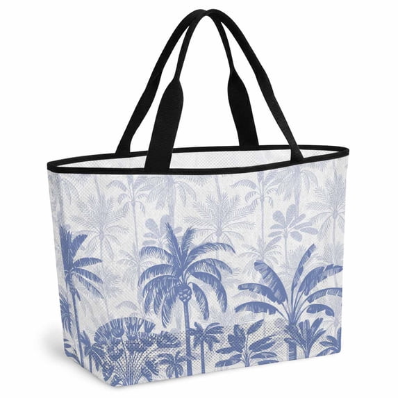 Palm Trees Beach Bag for Women, Large Breathable Mesh Beach Tote Bag, Blue Tropical Plants Summer Forest Scenery Sandproof Lightweight Travel Bags for Vacation Picnic Swimming Pool 15.7"x15.7"x9.1"