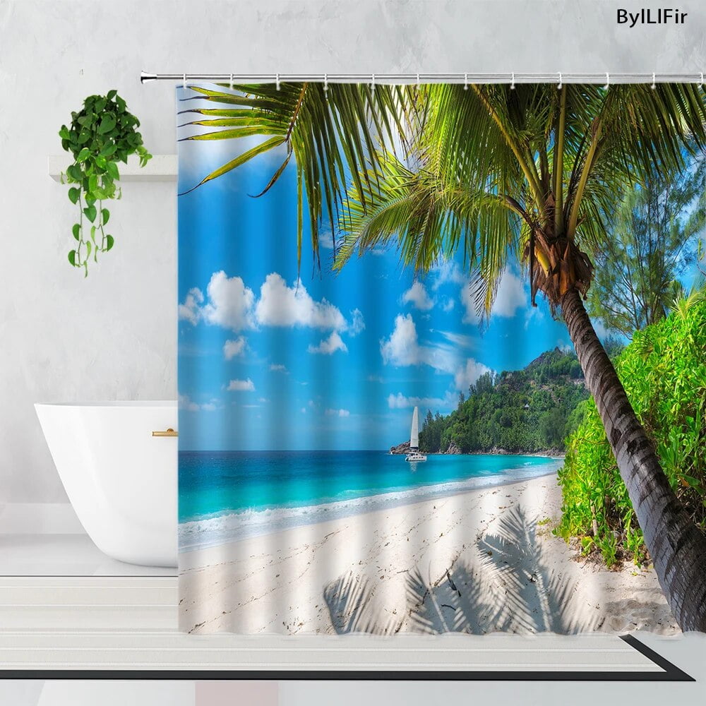 Palm Trees Beach Shower Curtains Sea Waves Island Vacation Hawaii Nature Scenery Summer Fabric