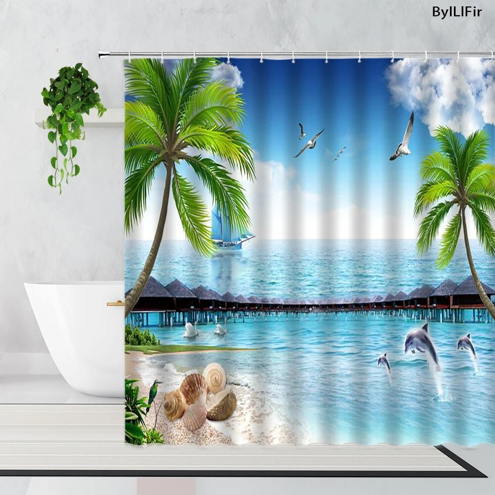 Palm Trees Beach Shower Curtains Sea Waves Island Vacation Hawaii Nature Scenery Summer Fabric