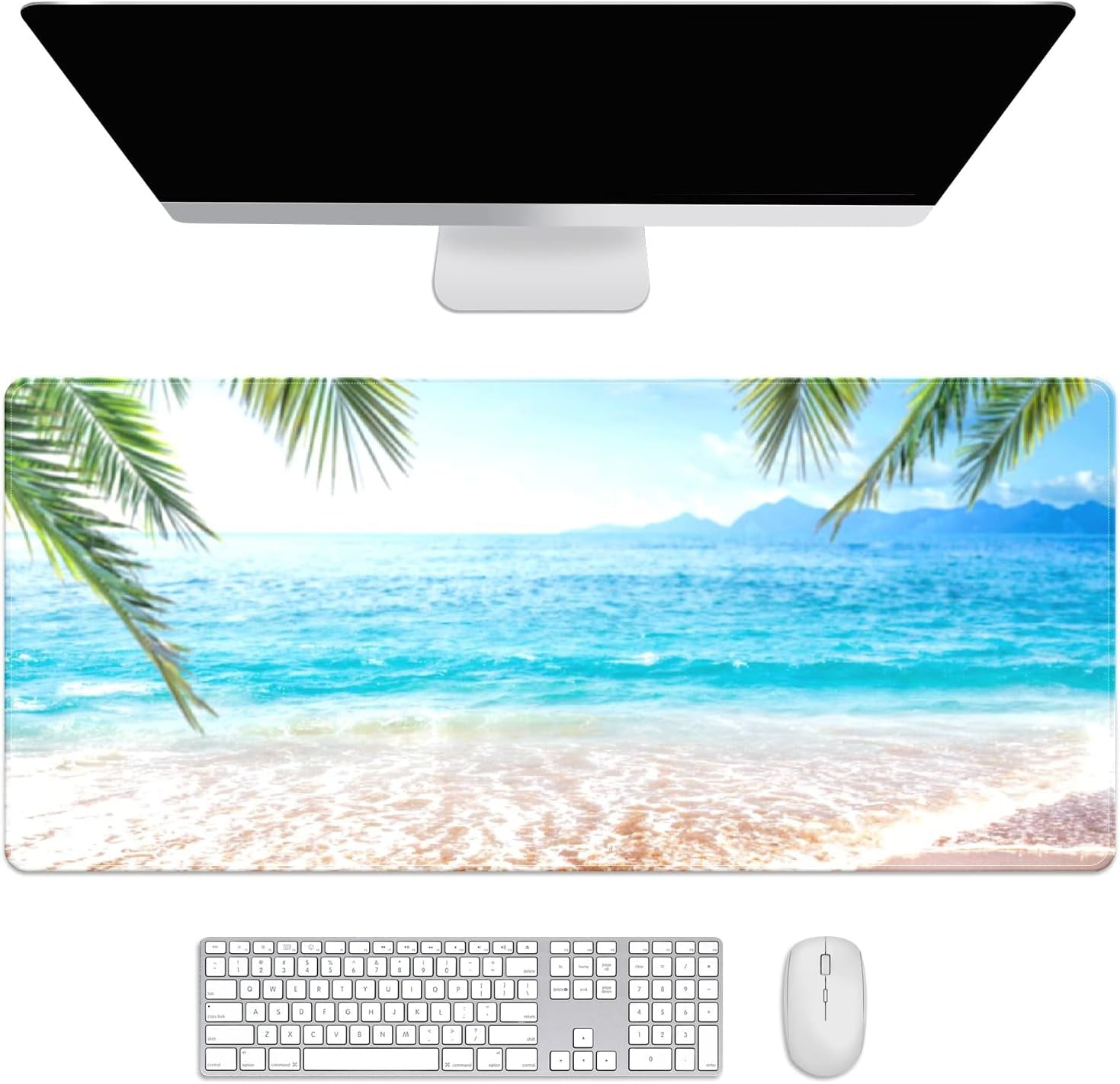 Palm Trees Beach Waves Desk Mat, Desk Accessory, Cute Workspace, Trendy Workspace, Trendy, 35.4x15.7in Large Gaming Mouse Pad, Cute Desk Topper, Pretty Desk Pad