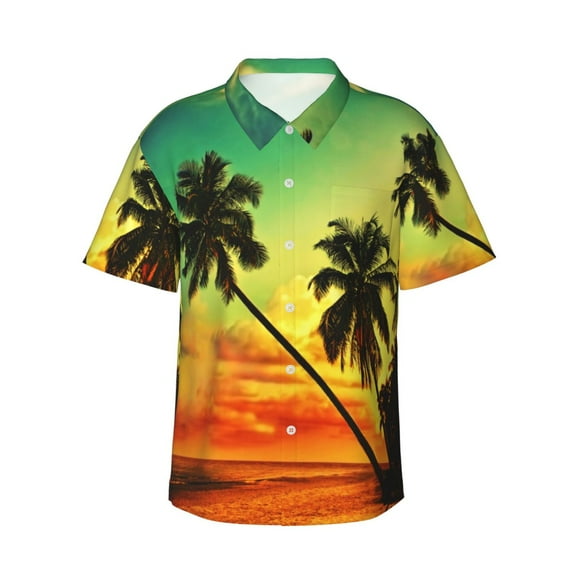 Palm Trees Beautiful Beach At Sunset Hawaiian Shirts For Men, Summer Short-Sleeve Relaxed-Fit Button-Down Shirts 3x-Large