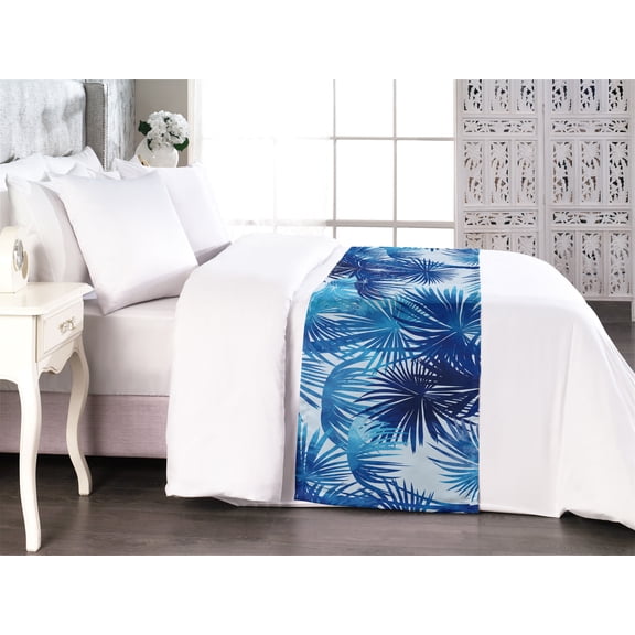 Palm Trees Bed Runner, Chill Hawaii Vibes Tropic Woodland Silhouettes Neutral Exotics Art, Decorative Accent Bedding Scarf for Hotels Homes & Guest Rooms, King, Dark Lavender Azure Blue, by Ambesonne