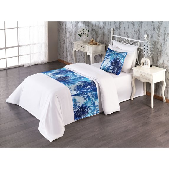 Palm Trees Bed Runner Set, Chill Hawaii Vibes Tropic Woodland Silhouettes Neutral Exotics Art, Decorative Bedding Scarf & a Pillow Sham for Hotels Homes, Twin, Dark Lavender Azure Blue, by Ambesonne