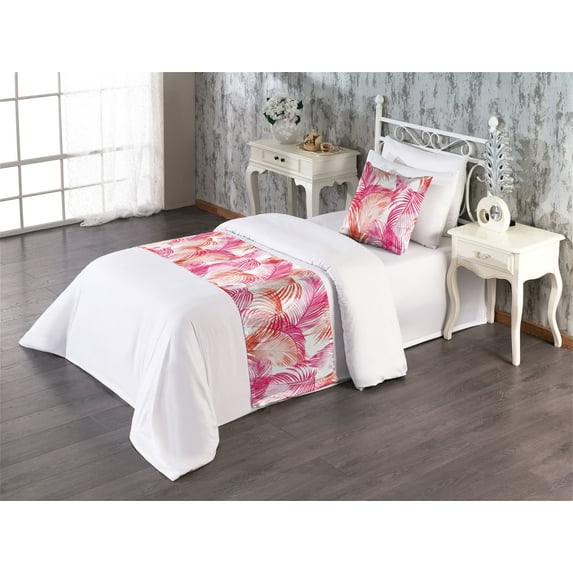 Palm Trees Bed Runner Set, Hawaii Concept Dreamy Silhouettes of Exotic Leaves Pattern Aloha Print, Decorative Bedding Scarf & a Pillow Sham for Hotels Homes, Twin, Hot Pink Dark Salmon, by Ambesonne