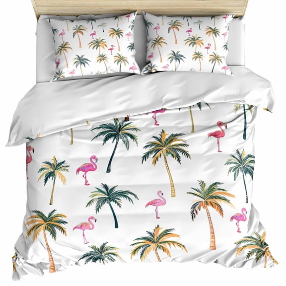 Palm Trees Bedding 3 Piece Duvet Cover Set Twin Size, Watercolor Tropical Flamingo Summer Soft Microfiber Comforter Cover with Zipper Closure & Pillowcases, Wrinkle & FadeResistant Quilt Cover