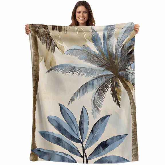 Palm Trees Blanket Soft Cozy Warm Throw Blanket for Couch, Plush Fuzzy Flannel Fleece Blankets for Sofa, Blue Brown Vintage Watercolor Tropical Bed Blankets Lightweight Gifts for Women, 30"x40"