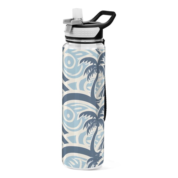 Palm Trees Blue Waves Transparent Sports Water Bottle with Straw BPA Free Tritan 32oz for Gym Camping