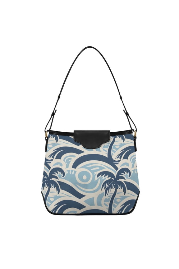 Palm Trees Blue Wavy Women's Tote Bag Convertible Handbags Hobo Shoulder Bag with Zipper Magnetic Snap