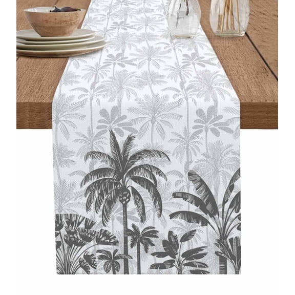 Palm Trees Burlap Cotton Table Runner 16x72 Inches Long, Black Grey Tropical Plants Summer Forest Farmhouse Table Runners, Outdoor Dining Tablecloths Decor for Baby Shower/Party/Wedding