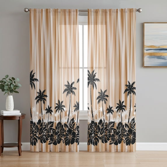 Palm Trees Burnt Orange Sheer Curtains 84 Inch Length 2 Panels Set, Summer Coastal Tropical Voile Window Treatment Rod Pocket Curtains Sheers Drapes for Bedroom/Living Room/Kitchen 52"x84"x2