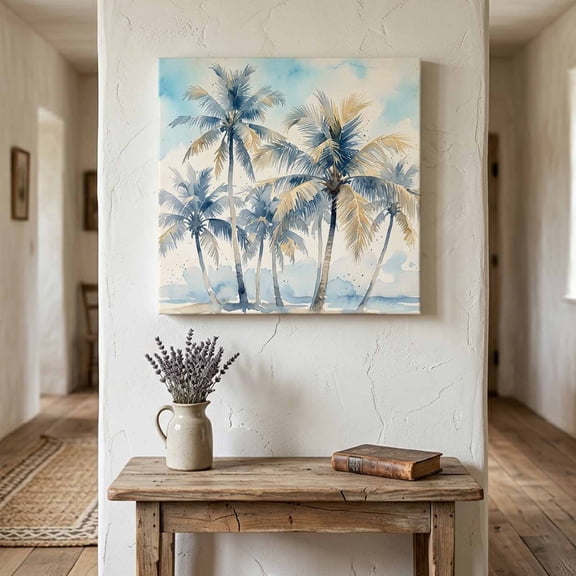 Palm Trees Canvas Wall Art for Living Room Bedroom Bathroom, Coastal Boho Tropical Blue Beige Sandy Beach Island Canvas Art Wall Decor, Artwork for Walls Home Office Decor, 8"x8"