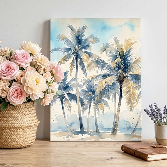 Palm Trees Canvas Wall Art for Living Room Bedroom Bathroom, Coastal Boho Tropical Blue Beige Sandy Beach Island Canvas Art Wall Decor, Artwork for Walls Home Office Decor, 12"x16"